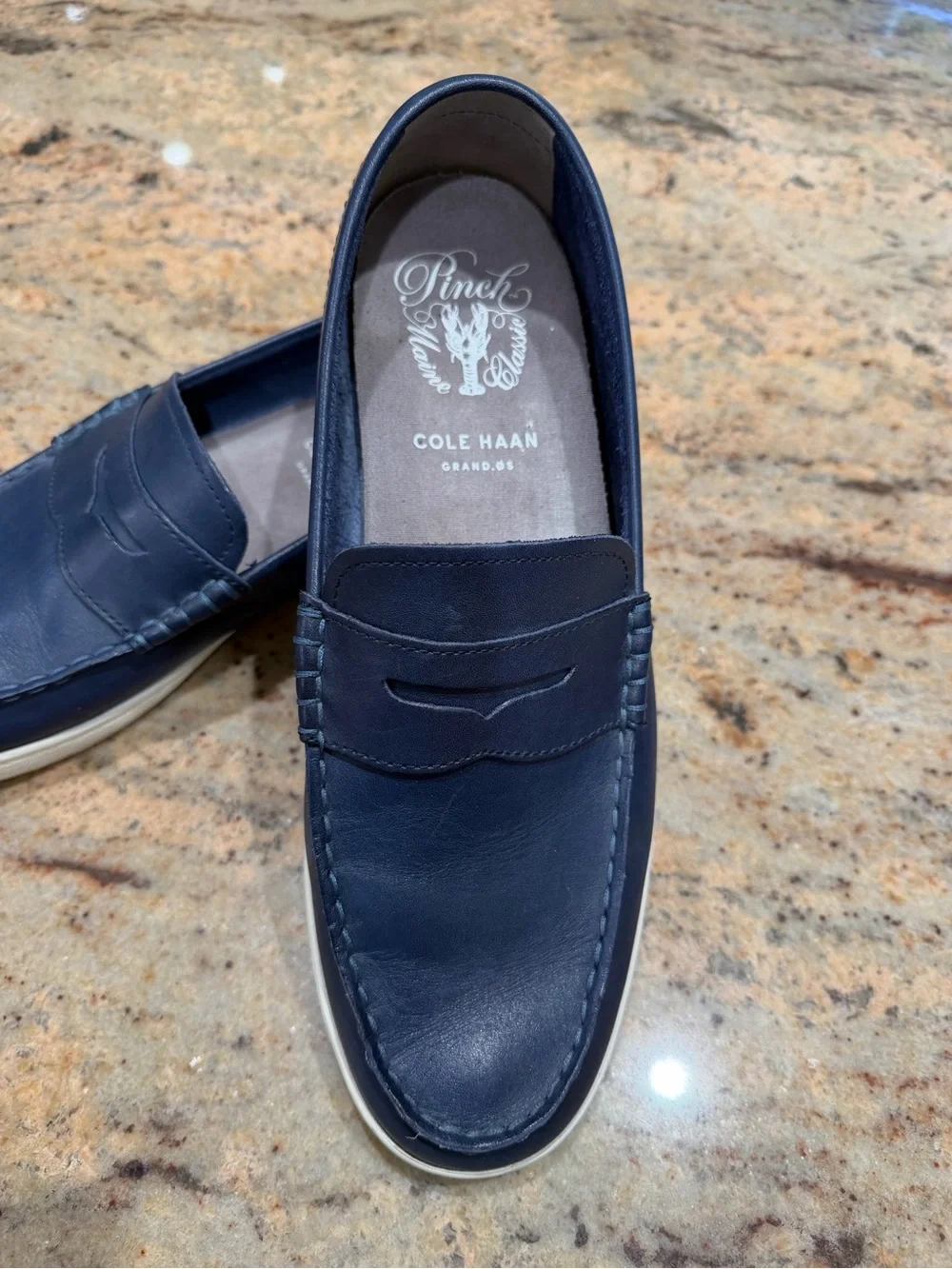 Cole Haan Navy Leather Slip-On Penny Loafers with White Sole